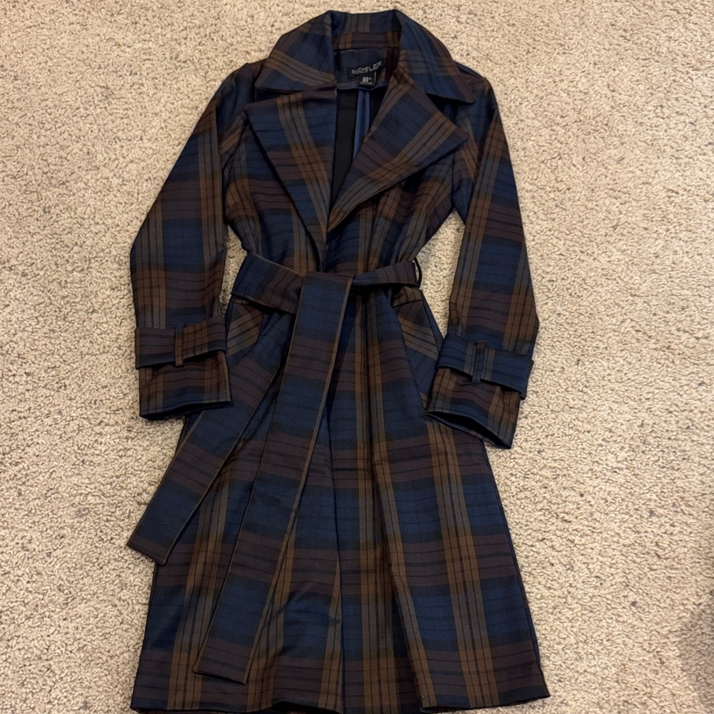 Rachel Zoe Plaid Trench Coat in Blue and Brown